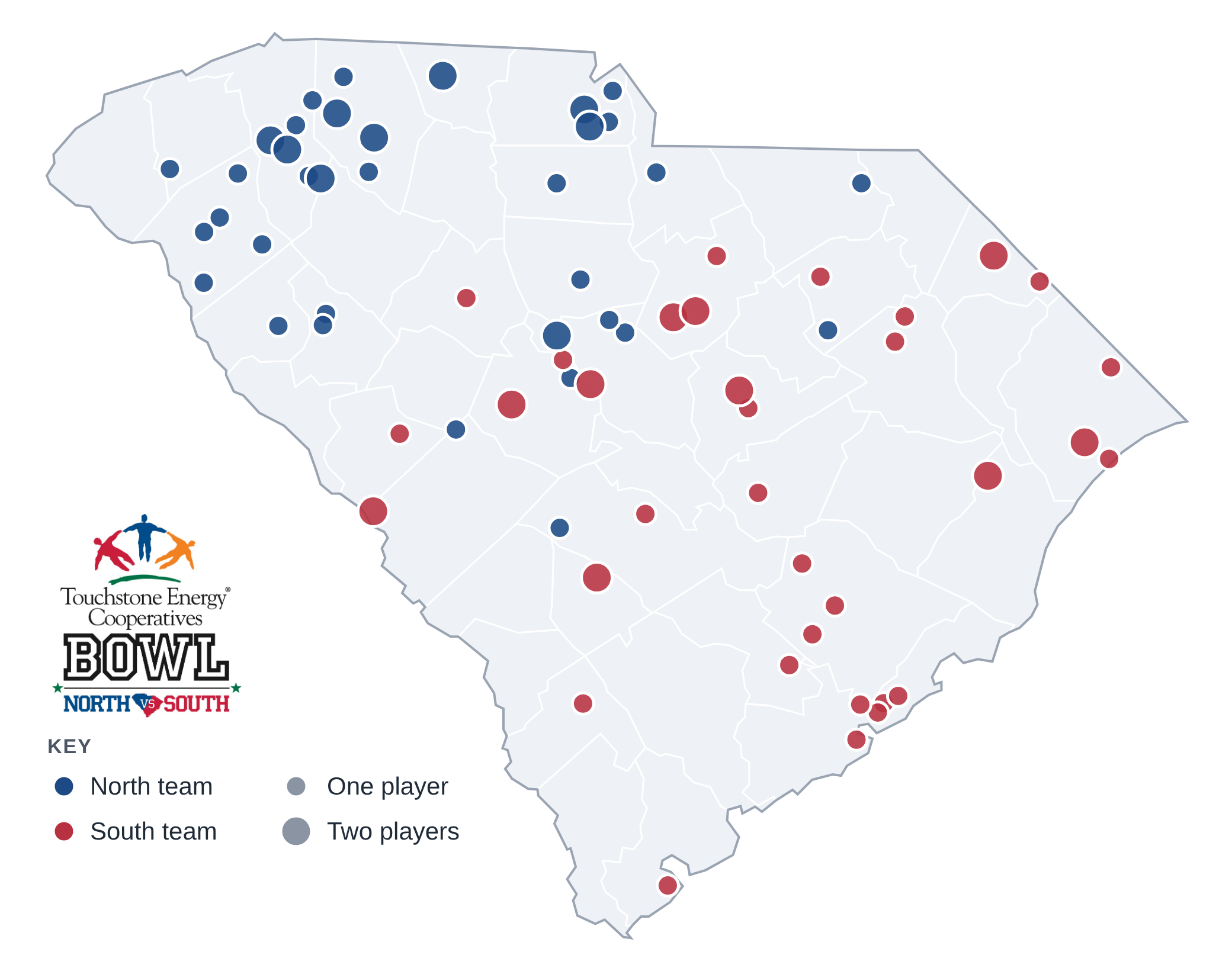 Map of South Carolina showing the high schools represented on the North and South rosters