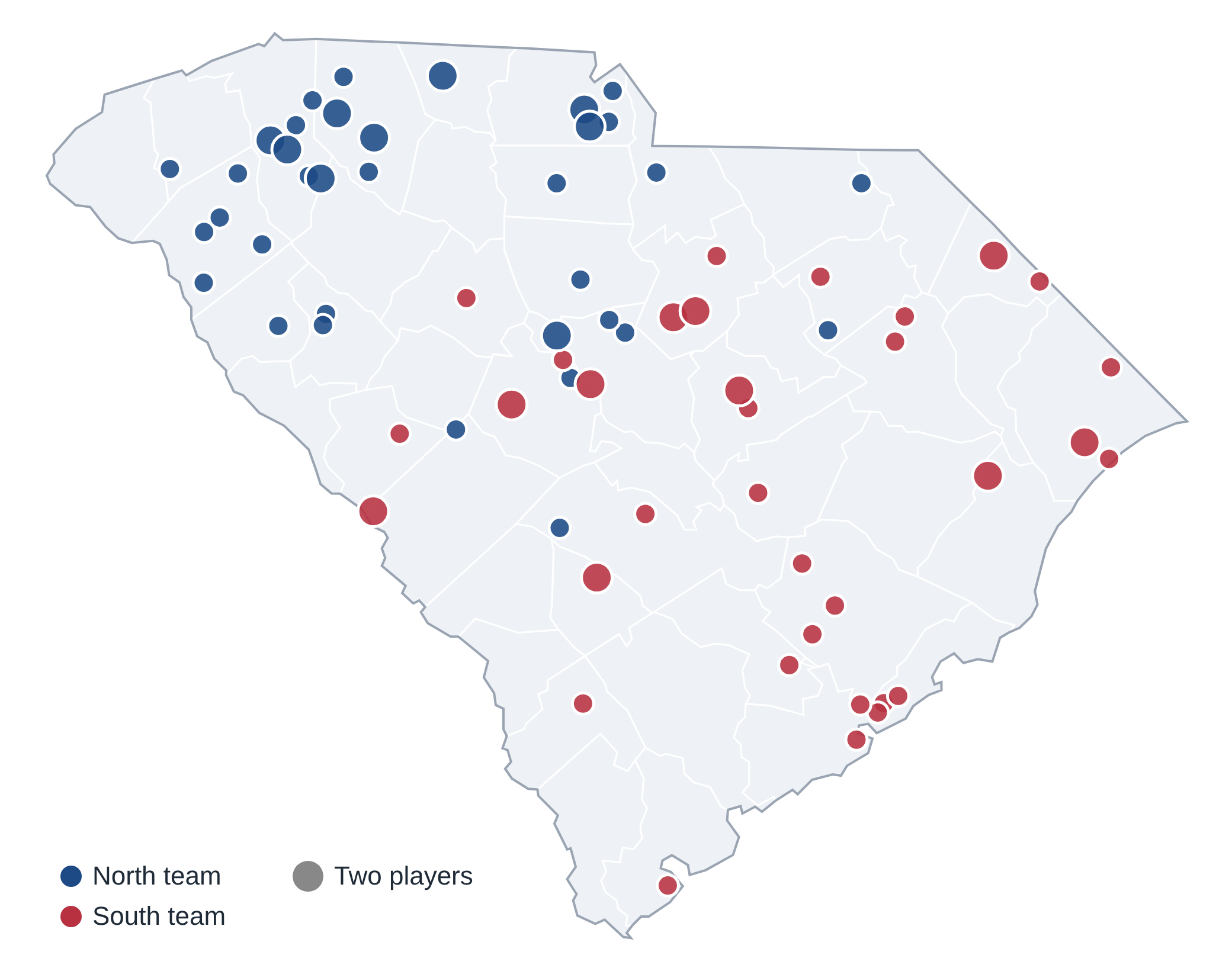 Map of South Carolina showing the high schools represented on the North and South rosters